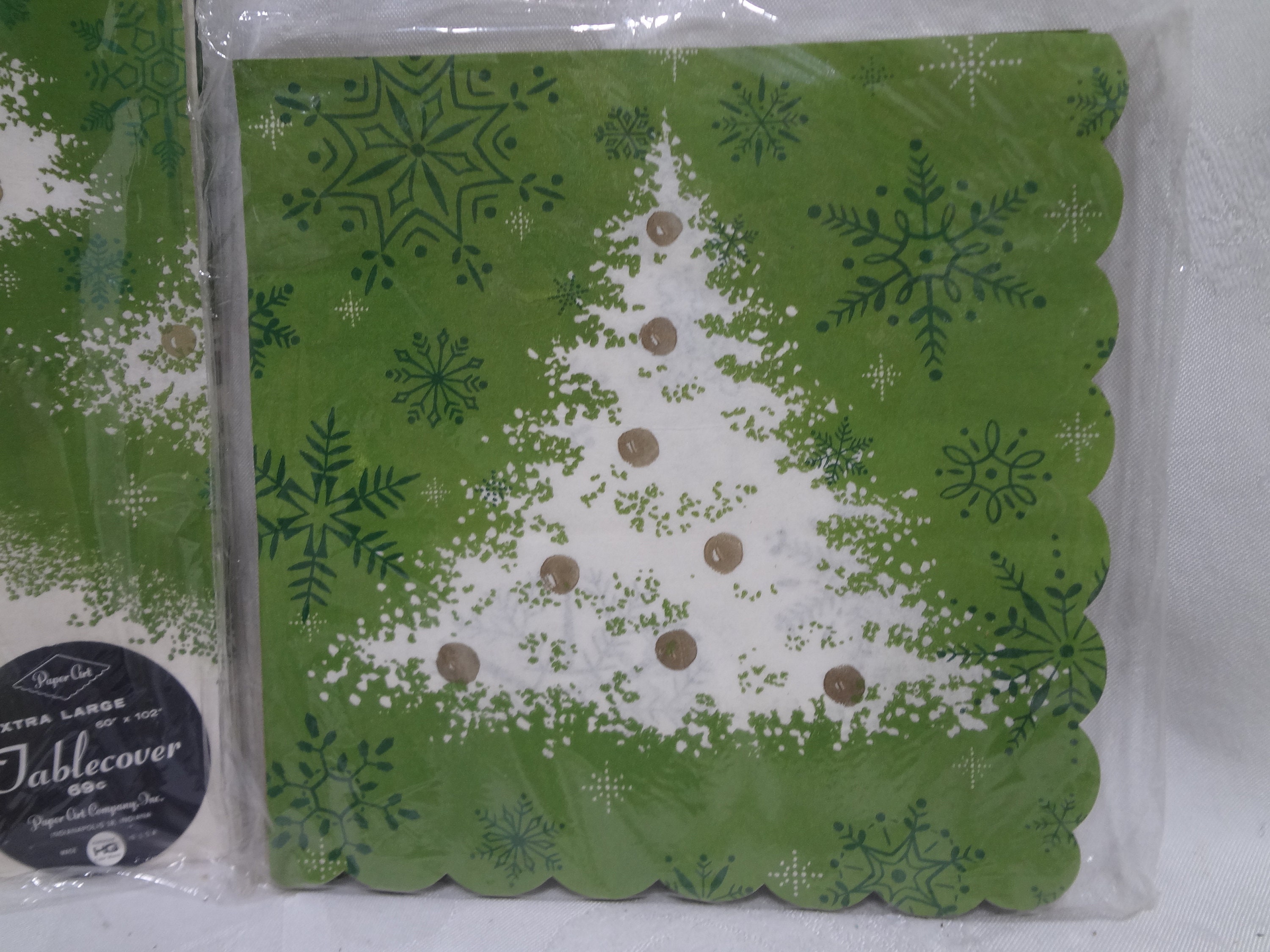 Vintage Christmas Paper Tableclothsnapkinsplates NEW Green Gold White