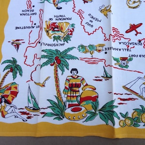 Vintage Florida Tea Kitchen Dish Hand Towel Mid-Century Souvenir Florida Map Flamingos Sailboats Sunbathers Golf Airplane 1950&#39;s Kitsch NOS