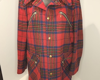 Vintage Pendleton Red Plaid Wool Coat: Talon Zip Chore Jacket
