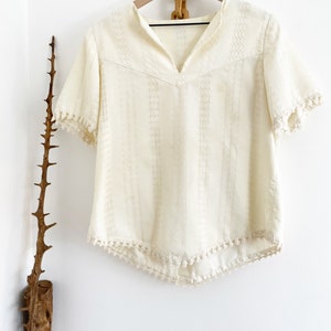 Vintage 70's Cream Popover Blouse with Cotton fringe trim