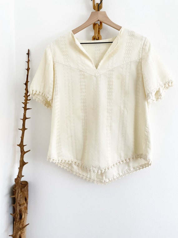 Vintage 70's Cream Popover Blouse with Cotton fri… - image 4