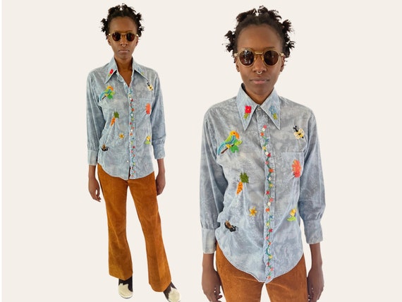 Vintage 70's Embroidered Button Front Shirt with … - image 1