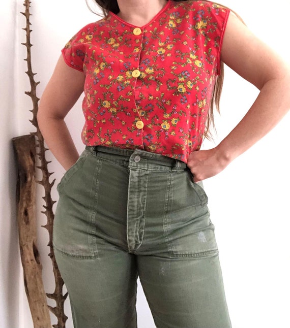 Vintage 40's-60's Red Floral Cotton Smock Shirt