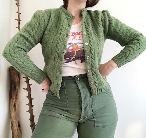 Vintage 50’s (?) Green Cable Knit Handmade Granny