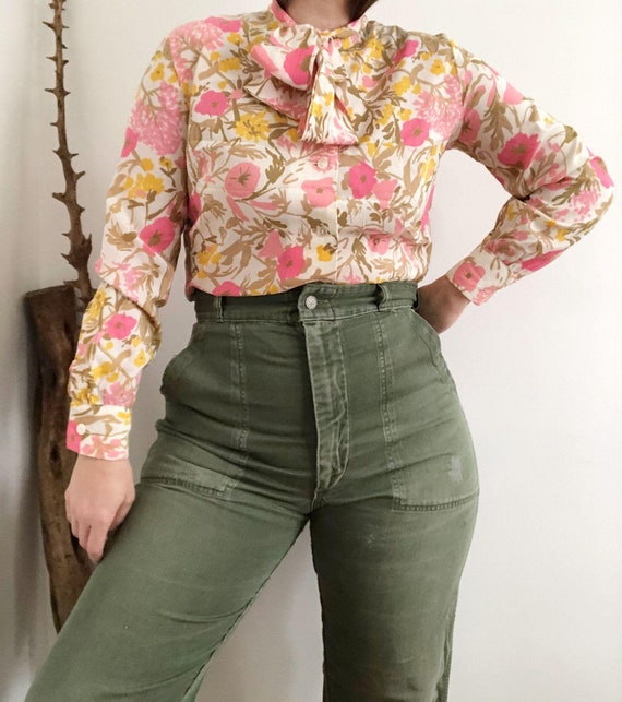Vintage 70's Pink Floral Bow Blouse