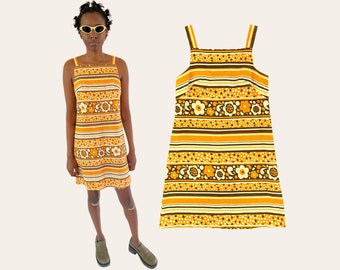 Vintage 60's 70's Retro Orange and Brown Floral, Dot & Stripe Mini Tank Shift Dress