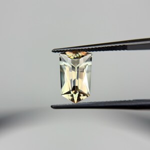 May include: A light green and brown gemstone with a rectangular cut, held by tweezers.