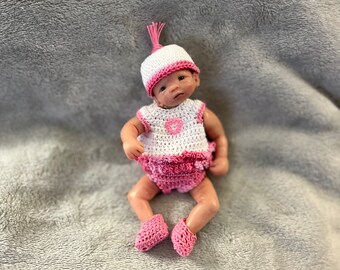 5 " In Inch New Art OOAK  Doll Clothes Clothing for Polymer Clay Silicone Baby Medium Pink Play Set w Cap and Booties