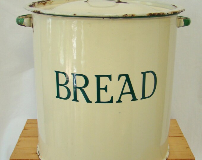Vintage Enamelware Bread Bin Cream and Green Enamelware Etsy