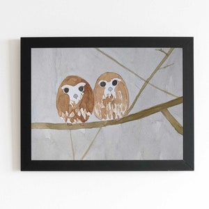 Printable Owlets Watercolor Painting | Owls Sitting Together On Branch Wall Desk Art | Birds In Love Good Gift Instand Download