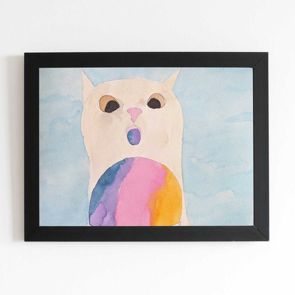 Print Cat Eating a Colorful Snow Cone Watercolor Painting | Silly White Cat With Tongue Out Downloadable Art For Wall, Table, Or Desk