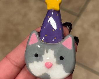 handmade polymer clay wizard cat fridge magnet- made to order