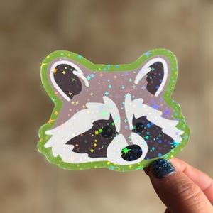 May include: A holographic sticker of a raccoon's face with a green outline and a glittery background.