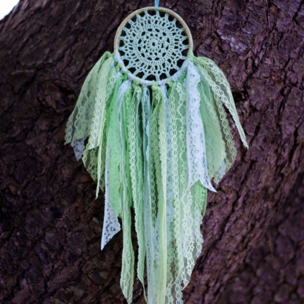 Mint Jade lace bohemian dream catcher upcycled art repurposed vintage doily wall hanging home decor