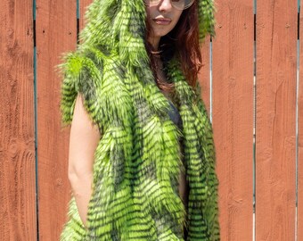 Feathered Chartreuse Faux Fur Vest – Hooded | Handmade | Silk-Blend Lined | One-of-a-Kind Statement Layer