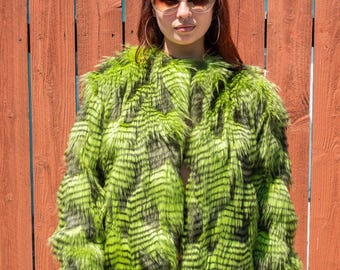 Cropped Feathered Faux Fur Coat – Chartreuse Green & Black | Bold Statement Piece | Women’s Outerwear | Festival and Street Style