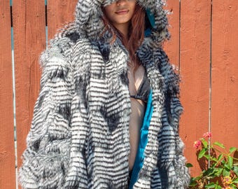 Hand-Stitched Long Hooded Black & White Feathered Faux Fur Coat with Bright Turquoise Silk Lining