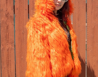 Handmade Cropped Hooded Faux Fur Coat – One of a Kind | Vibrant Orange | Multicolored Silk-Blend Lining | Women’s Statement Outerwear
