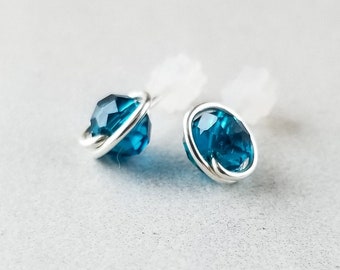 Blue Crystal Studs - Minimalist Sterling Silver Wire Wrapped Posts - Small Everyday Studs for Women