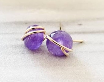 Purple Jade Studs - Rose Gold wrapped posts - Sterling Silver Gemstone Earrings - Comfortable to wear with masks