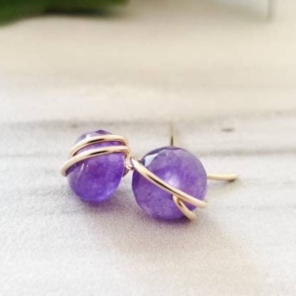 Purple Jade Studs - Rose Gold wrapped posts - Sterling Silver Gemstone Earrings - Comfortable to wear with masks