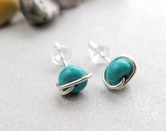 Blue magnesite studs - Sterling silver wire wrapped post - December birthstone - Petite teal gemstone earrings - Perfect to wear with masks