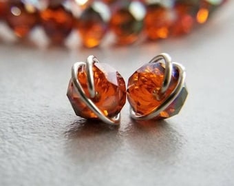 Dark orange crystal sterling silver studs - Wire wrapped autumn color post - Fall harvest festival ear accessory - Pairs perfectly with mask