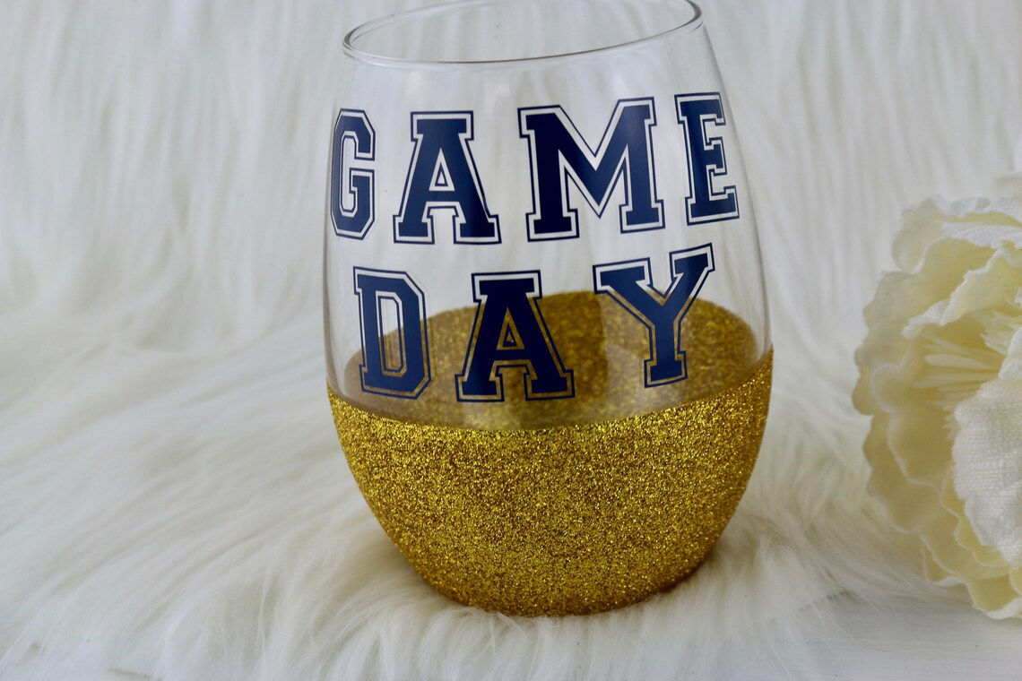 Game Day Glitter Wine Glass Football Wine Glass Glitter Etsy