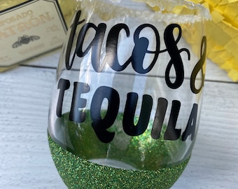 Tacos and Tequila | Cinco De Mayo | Taco Lovers Gift | Funny Margarita Glass | Fiesta Theme Party | Fiesta Bachelorette Party | Mamacita