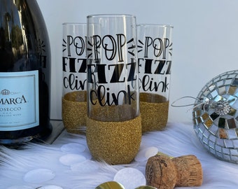 Pop, Fizz, Clink Champagne Flutes | NYE | New Years Eve | Cheers to the New Year | Glitter Champagne Flutes | Stemless Flutes | Cheers