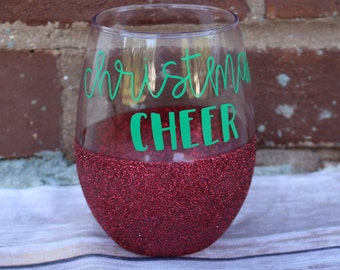 Christmas Cheer Wine Glass, Glitter Wine Glass, Christmas Wine Glass, Cup of Cheer, Mom Wine Glass, Teacher Glass, Gift for Friend