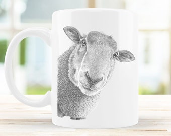 Sheep Mug 10oz Ceramic Pencil Drawing Art Design, Coffee Nature Wildlife Novelty Gift (Coaster Option) Fathers Day Gift For Her Him