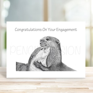 Nouveauté Carte de vœux, Loutre mignonne, Fiançailles Félicitations Dessin romantique Dessin Animal Art Imprimé Fiancé Couple