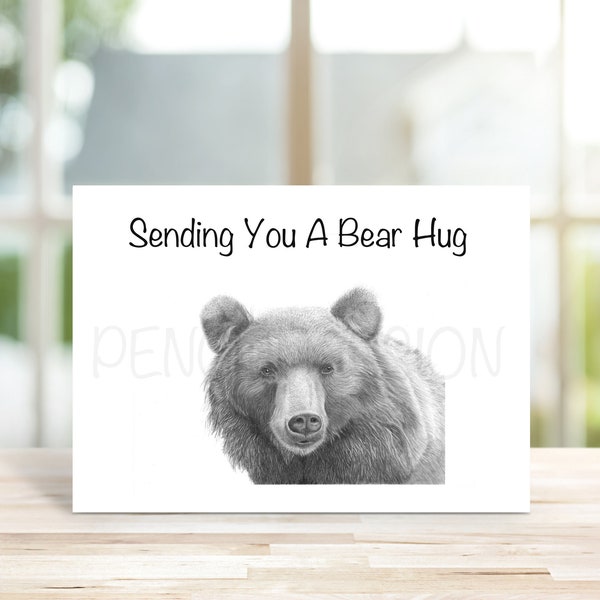 Bear Hug Greeting Card  - Novelty Lockdown Gift  Wildlife - Customisable - Personalised Pencil Drawing Art Printed Sympathy Friendship