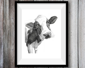 Cow Art Print -  Hand Drawn Animal Pencil Drawing A4 / A5 Nature Wildlife Farmyard Wall Art Nursery Picture Fathers Day Gift For Her Him