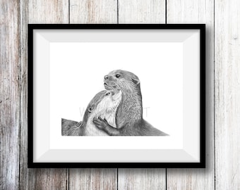 Otter Art Print -  Hand Drawn Animal Pencil Drawing A4 / A5 Giclee (UK Artist)  - Nature Wildlife - Wall Art Nursery Picture