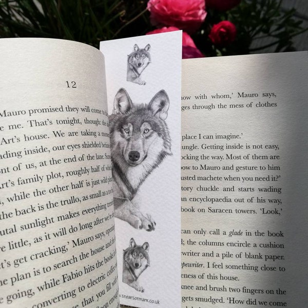 Wolf Bookmark - Animal Bookmarks - Pencil Drawing Illustration Wildlife Art Nature Books Reading Wolves Design