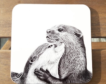 Otter Coaster - Pencil Drawing Art Design Novelty Table Drink Mat Gift Otters Design  Gift For Her Him Fathers Day