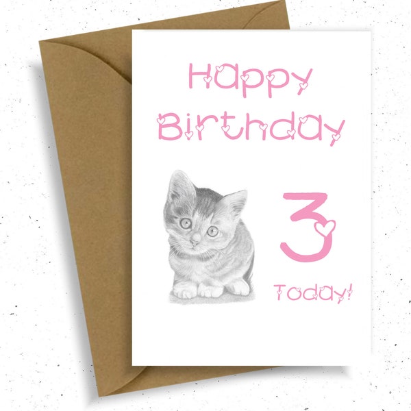 Girl's Birthday Greeting Card, 1st 2nd 3rd 4th 5th 6th 7th 8th 9th 10th Novelty Cute Kitten Pencil Drawing Art Printed - Nature Wildlife Cat