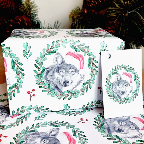 Wolf Design Christmas Wrapping Paper + Tags Full Sheets 50x70cm Wildlife Novelty Wolves Illustration Gift Woodland Animal Present Gift Wrap
