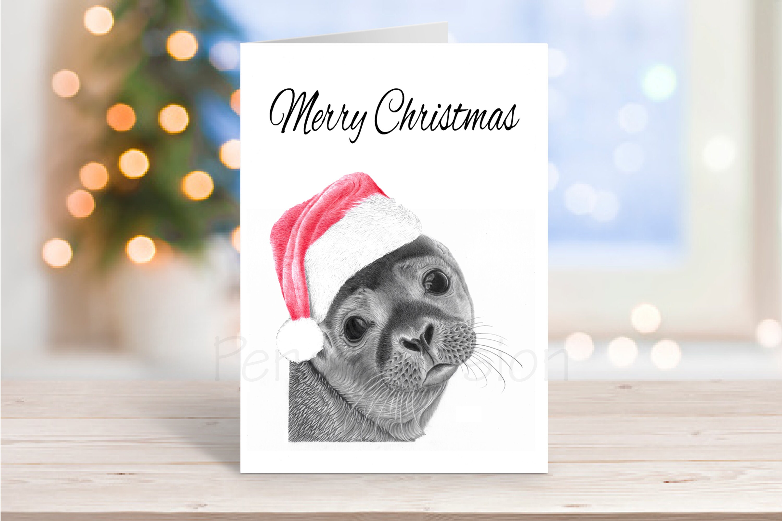 Cute Seal Christmas Card Pencil Drawing Art Greeting Nature Etsy UK