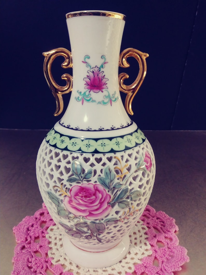 Porcelain Pink Rose Heart Pattern Vase Gifts For Her Gifts For Mom Housewarming Gifts Vintage Vase