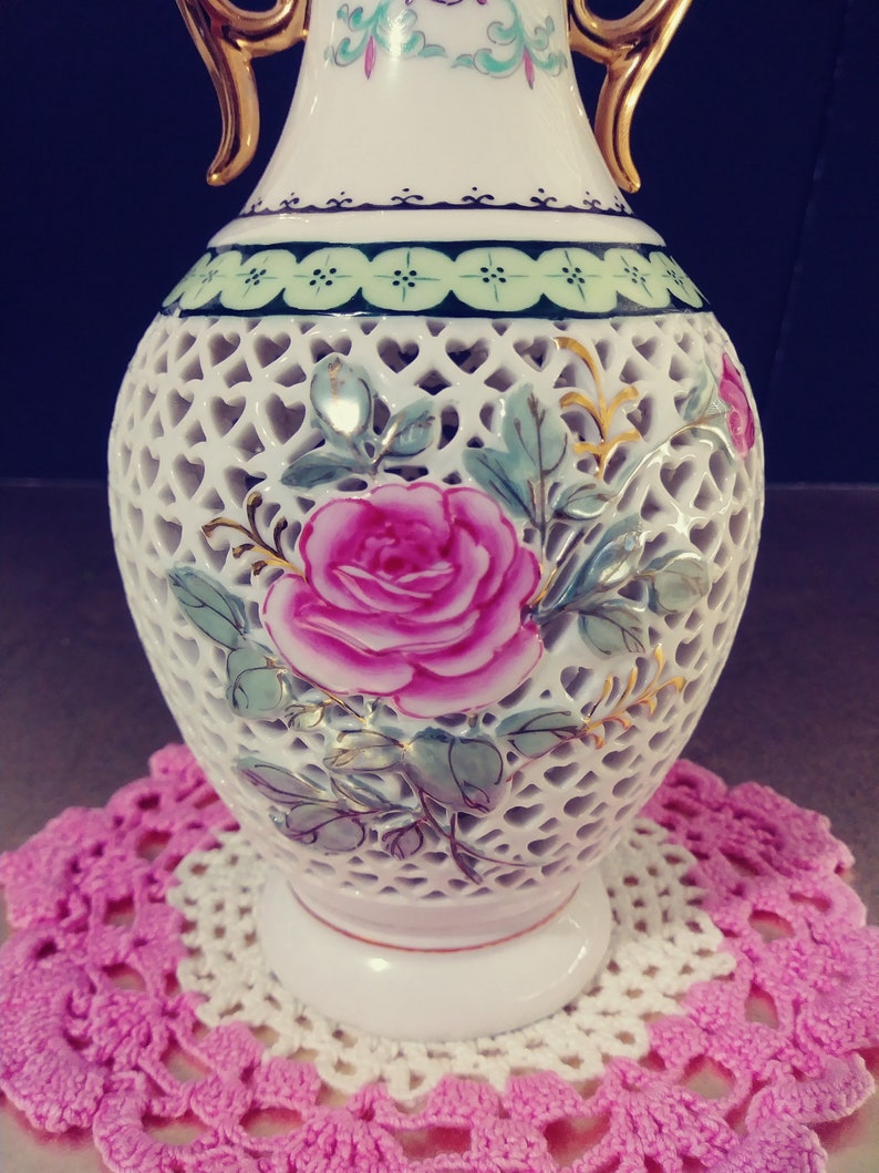 Porcelain Pink Rose Heart Pattern Vase Gifts For Her Gifts For Mom Housewarming Gifts Vintage Vase