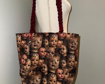Creepy doll purse, haunted dolls, quilted doll tote bag, doll heads, Halloween, Gothic