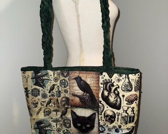 Oddities Tote Bag: Handmade witch purse, oddities, plague doctor, ravens, skulls, quilted