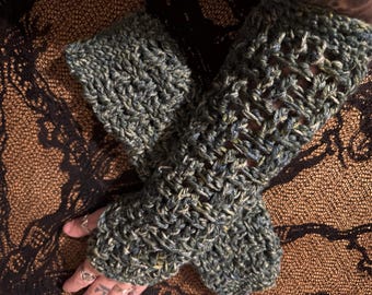 Crocheted Fingerless Gloves: Long Dark Green Hand Warmers