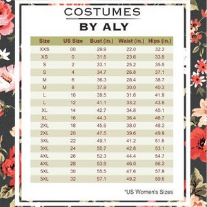 May include: A size chart for costumes by Aly, with bust, waist, and hip measurements in inches. Sizes range from XXS to 5XL, with corresponding US sizes. The chart is on a floral background.