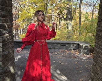 May include: A long, red dress with a high collar and long sleeves. The dress features a button-down front and a gold-colored belt. The person is standing in a stone archway with a backdrop of fall foliage.