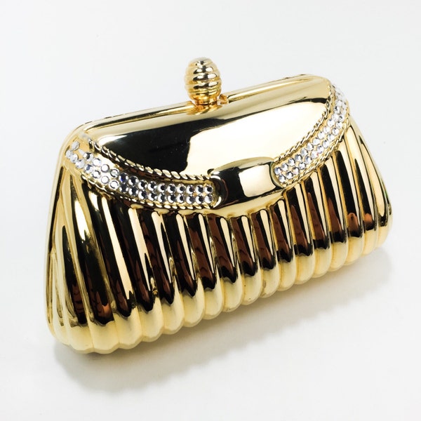 Vintge Y&S Gold + Rhinestone Clamshell Minaudière Clutch Handbag. Interchangeable handle and chain or carry as clutch. EVC