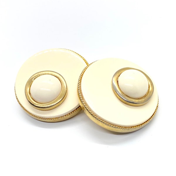 Vintage LES BERNARD signed gold, Ivory & White Thermoset Plastic/ Resin/ Lucite Circular round Cabochon Statement Runway Earrings.